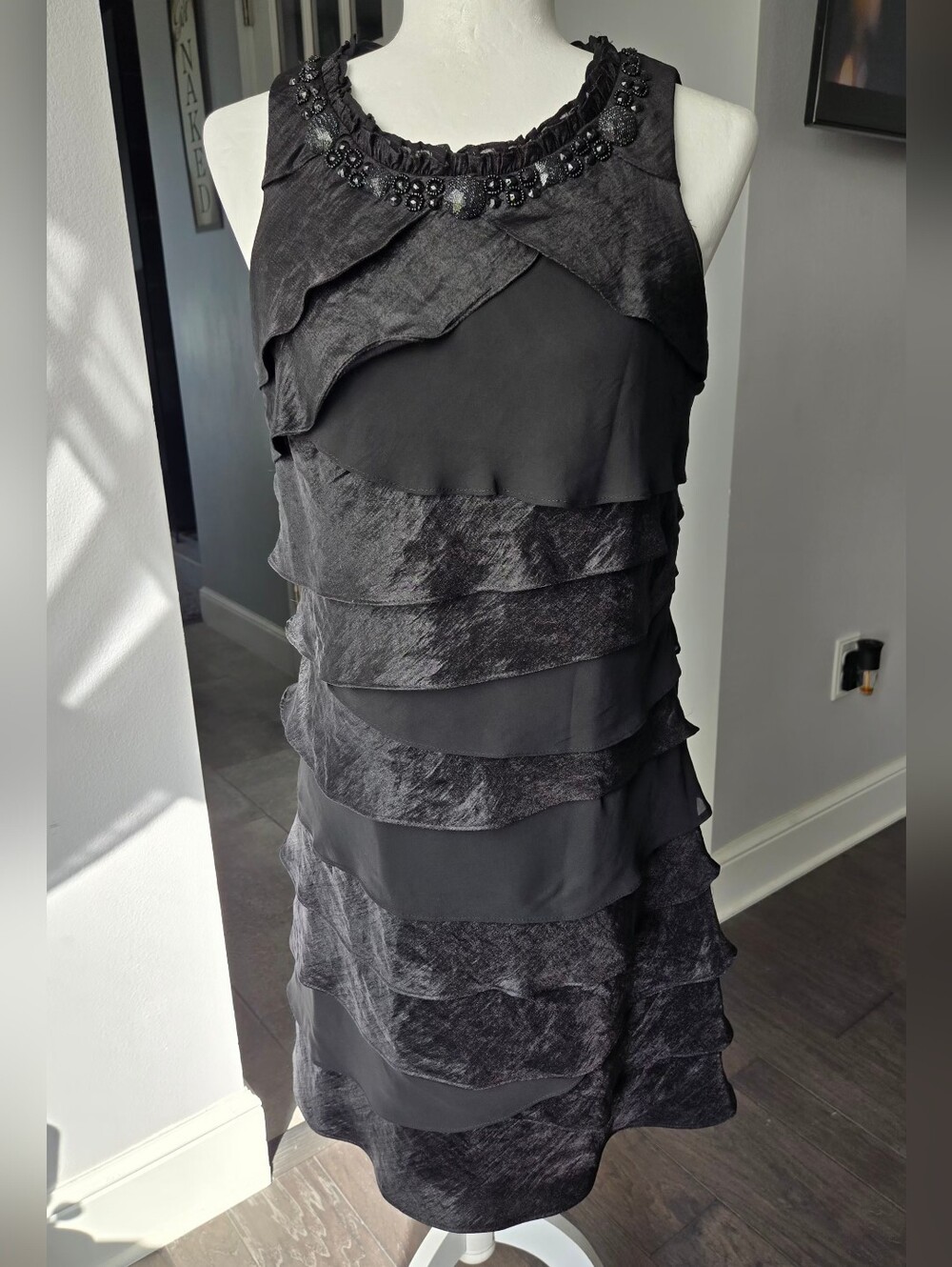 S.L. Fashions Black Tiered Ruffle Cocktail Dress Size 8 Beaded Jewel Neck Mini
